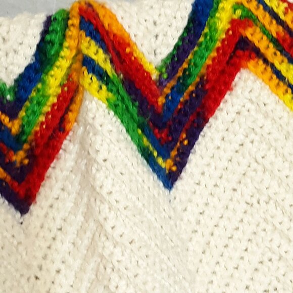 Hand Crochet Chevron Rainbow Afghan Cream Primary Colors Acrylic - Picture 3 of 5